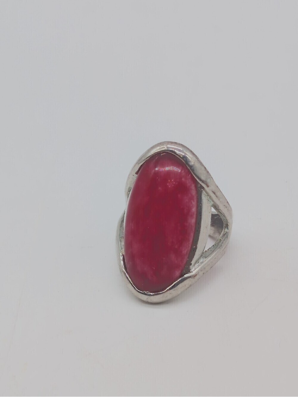 Vintage Silver tone Ring Deep Cherry Pink Oval Stone Sz 5.75